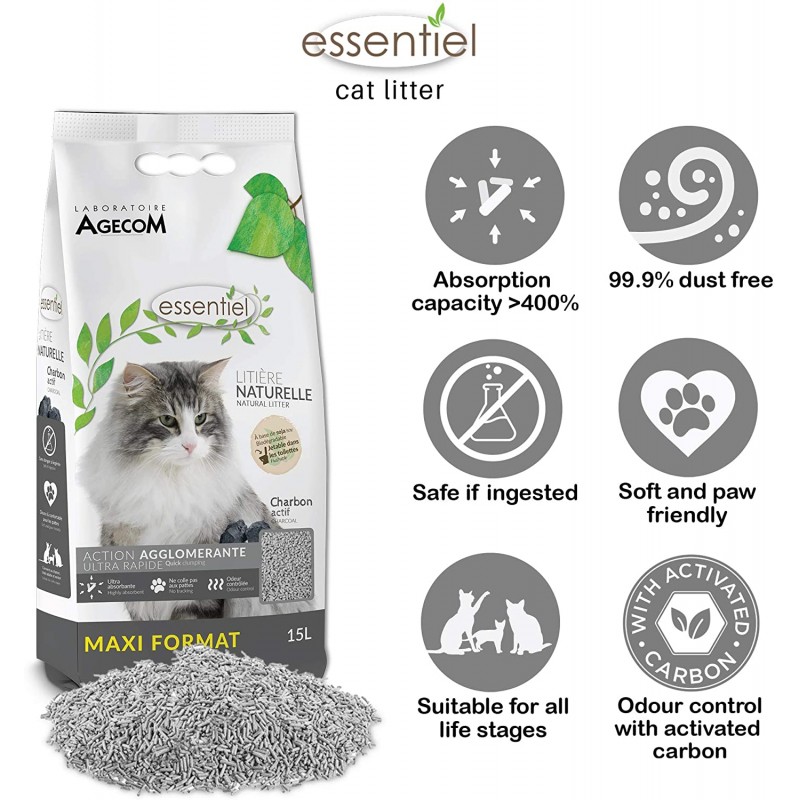 Litière végétale au soja Essentiel Charbon ne colle pas aux pattes 15 L